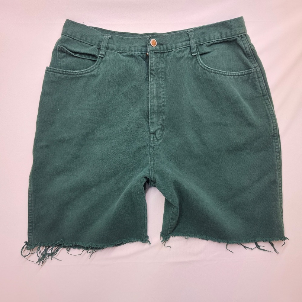 Vintage Bill Blass Forest Green Denim Shorts High Waisted Raw Hem Size 18 M